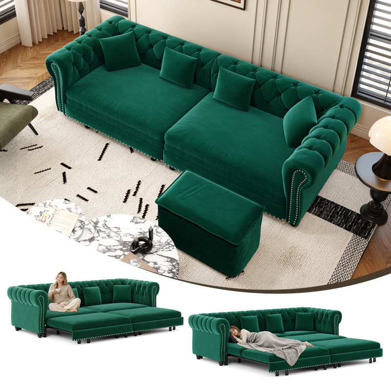 89" Velvet Upholstered Chesterfield Sofa King-Size Pull-Out Sofa Bed, Convertible Sleeper Couch with 4 Pillows, Green ﻿ ﻿