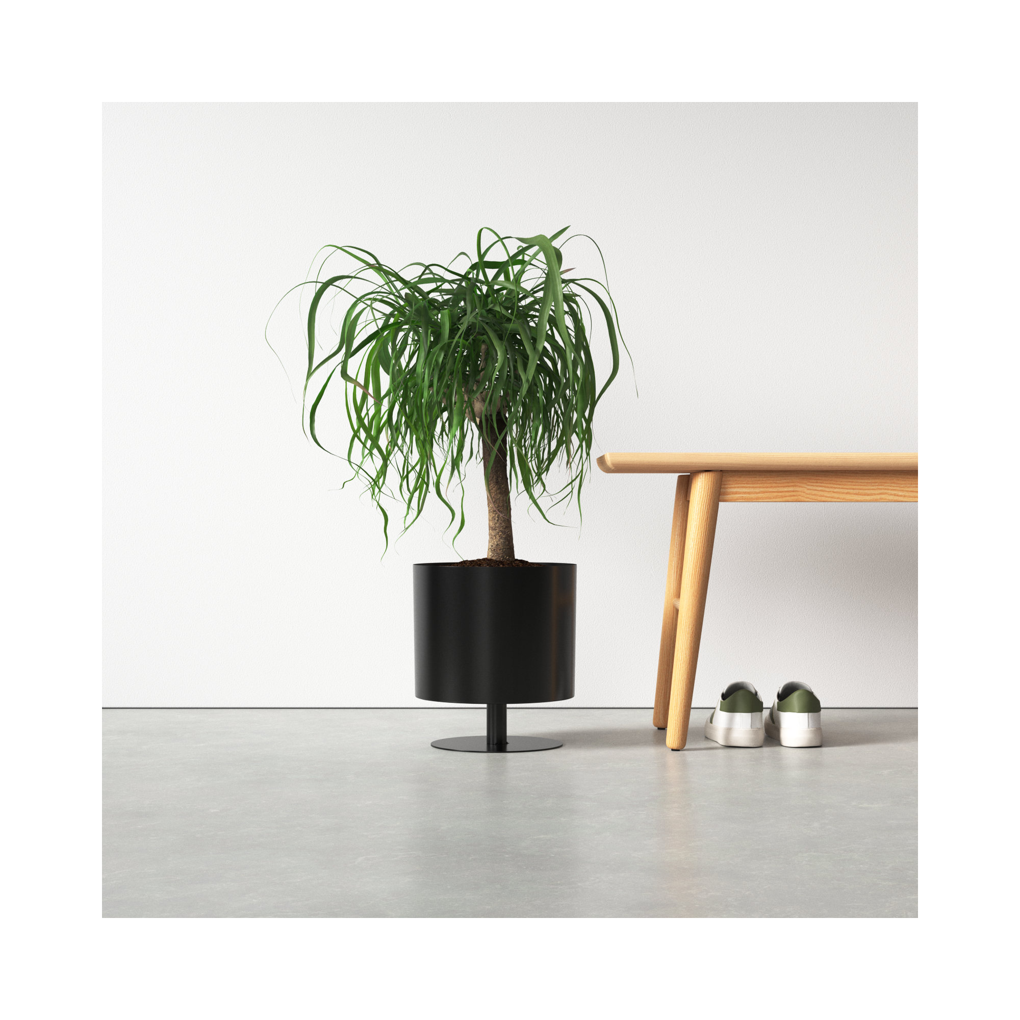 Wanderer Metal Planter on Base - Contemporary Round Iron Planter on Flat Round Base in Classic White - Indoor or Outdoor Decor