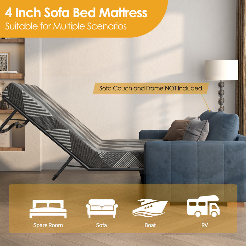  4" Gel Memory Foam Mattress for Sofa Bed, Mattress Replacement For Sleeper Sofa, Couch Bed, Guest Rooms, Rvs & Boats - MATTRESS ONLY