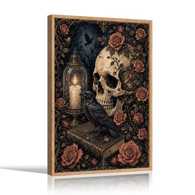 Impression sur toile, crâne gothique et corbeau noir avec roses rouges