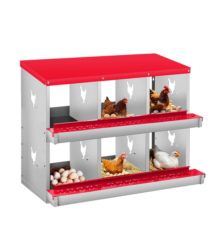 6-Compartment Metal Chicken Nesting Box – Secure Egg Laying, Easy-Clean Design, Space-Saving (84.5cm x 42cm), Red/White
