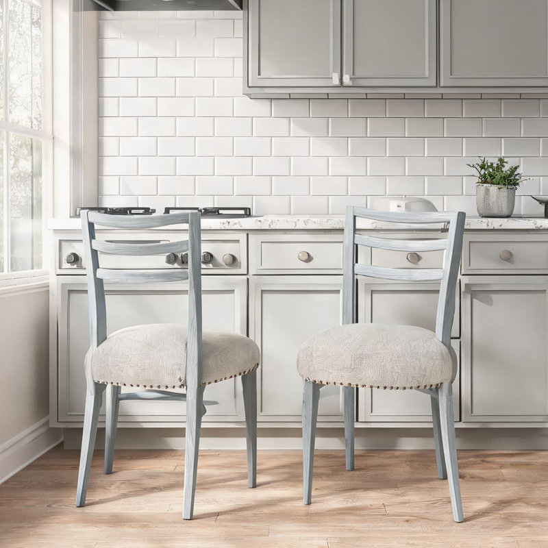 Ensemble de 2 chaises de salle à manger blanches avec dossier en échelle et siège rembourré en polyester, Bleu