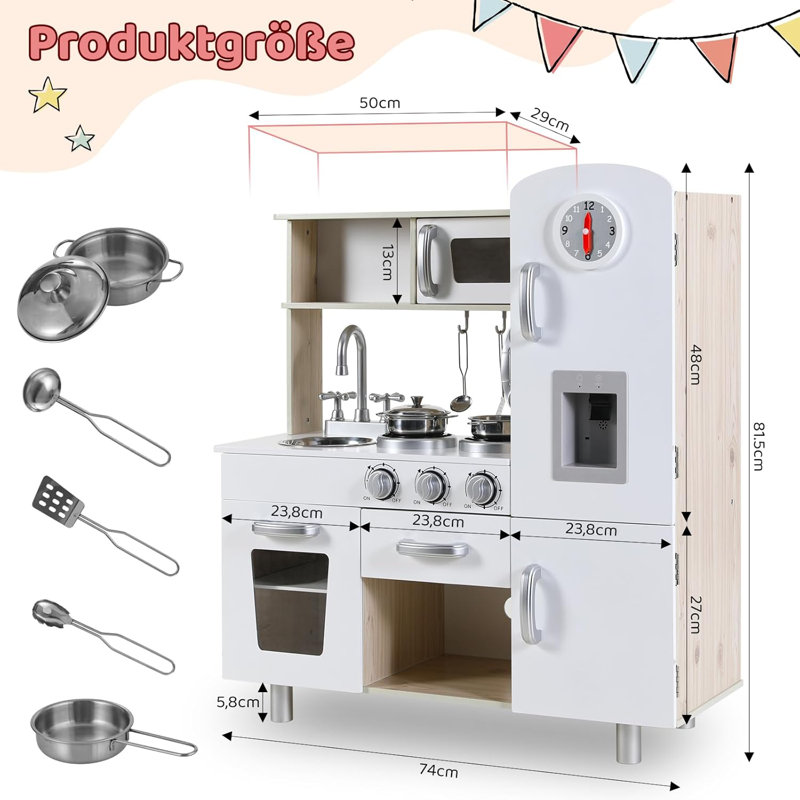 Viken Children's Wooden Kitchen, Toy Kitchen For Children, 81x74x30 Cm Play Kitchen, Comes With Simulated Light And Sound Effects, Doll's Kitchen With Kitchen Accessories, Ideal For Children Aged Three And Over, White Kitchen Set