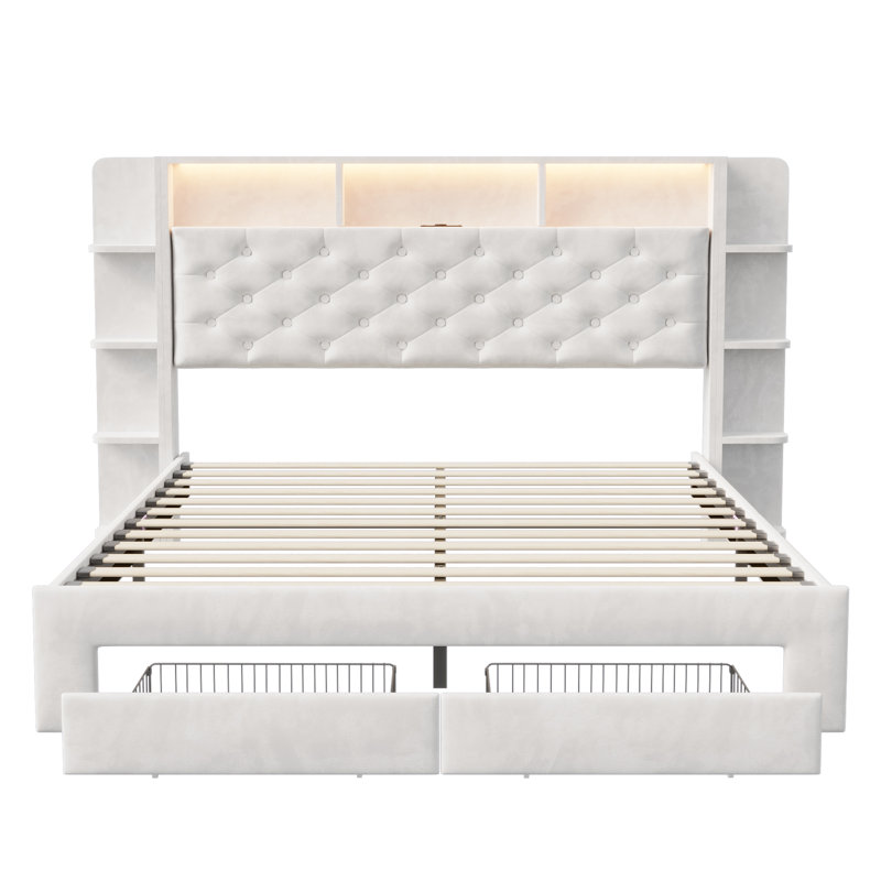 Smart LED White Velvet Storage Bed With Bookcase Headboard & Charging Station (USB/Type-C), 140X200cm European Double / 160X200cm King, 2 Drawers Upholstered Frame