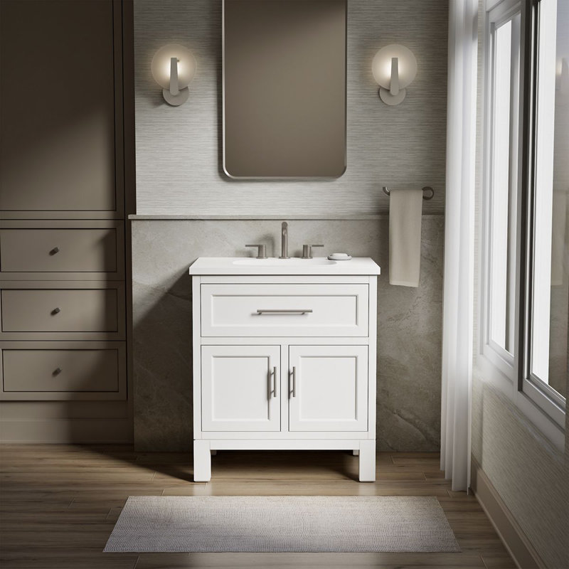 Quo 31'' Wall Mounted Single Bathroom Vanity with Solid Wood Top, Blanc