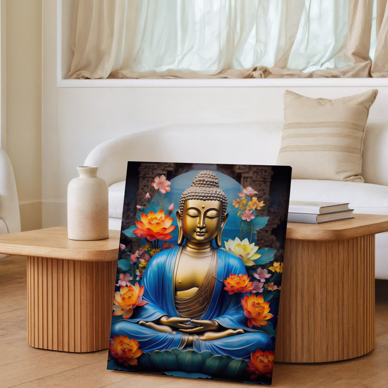 Toile, création d'une scène sereine et contemplative avec un Bouddha doré, art mural avec une expression tranquille entourée de toile