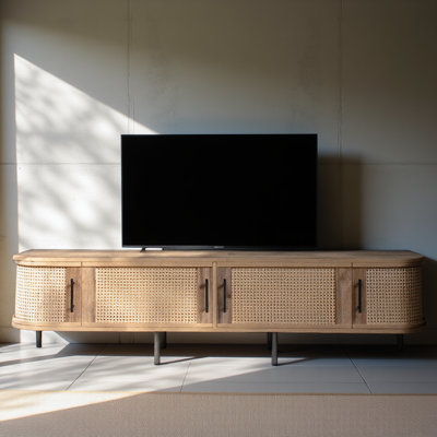 Meuble télé 70 po avec portes en rotin pour téléviseur de 80 po ou moins, console média avec espace de rangement et trous pour câbles, centre de divertissement pour le salon