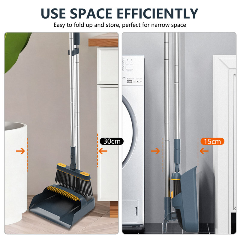 Ensemble de balai léger 54 po et de pelle avec support pivotant à 180 °, dents de peigne et longue poignée - solution de rangement intérieur pour la cuisine, la pièce, le bureau