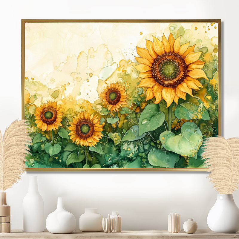 «Donaleen Sunflowers Flowers At The Country Side», art mural toile tournesols, H 30 po x l 40 po, Doré