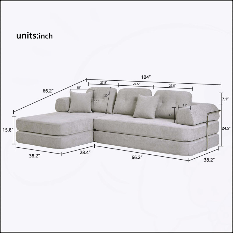Canapé modulaire désossé de 104 po avec méridienne, siège profond et canapé en mousse à mémoire de forme en chenille pour salon et chambre à coucher, aucun assemblage requis