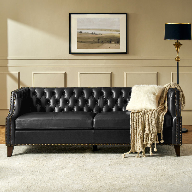 Canapé en cuir véritable touffeté à boutons l 84 po Theotis, Noir