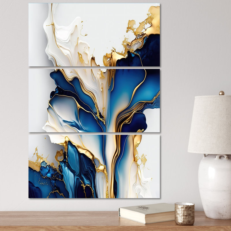 " Abstract Geode Gold And Blue Marble Shape III " 3 - Pieces