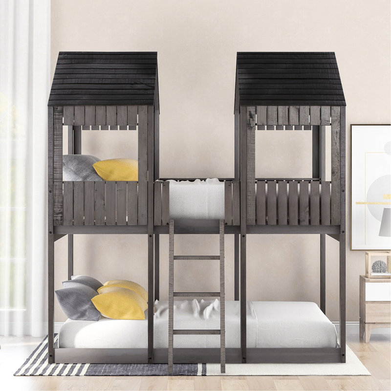 Lit double superposé au-dessus d'un lit double avec toit, fenêtre, garde-corps, gris antique pour chambre à coucher