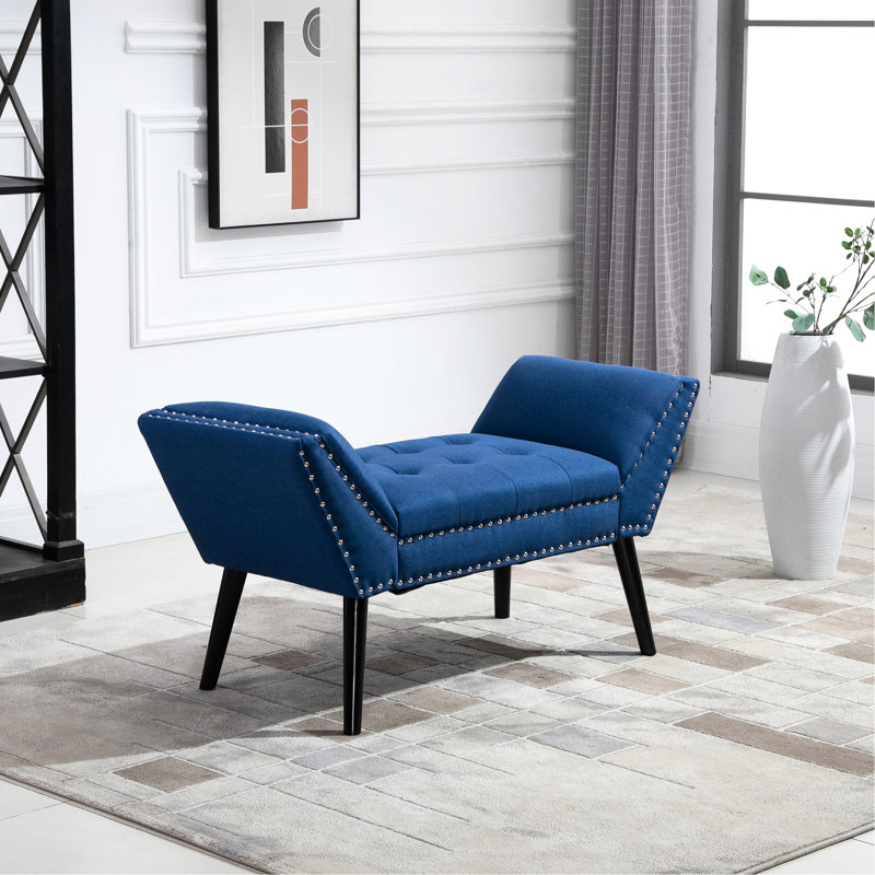 Banc d'appoint bleu avec cadre et bouton de rembourrage doux en bleu, rehausse l'ambiance de la chambre à coucher