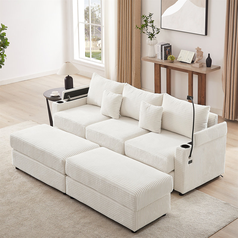 Multifunctional Modular Sofa Sectional With Ottomans, Beige Corduroy, 33.7" H x 95.3" W x 35.4" D