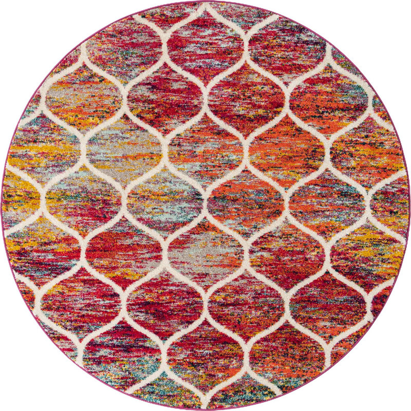 Llanet Geometric Area Rug, Multi Red, Round 6'1"