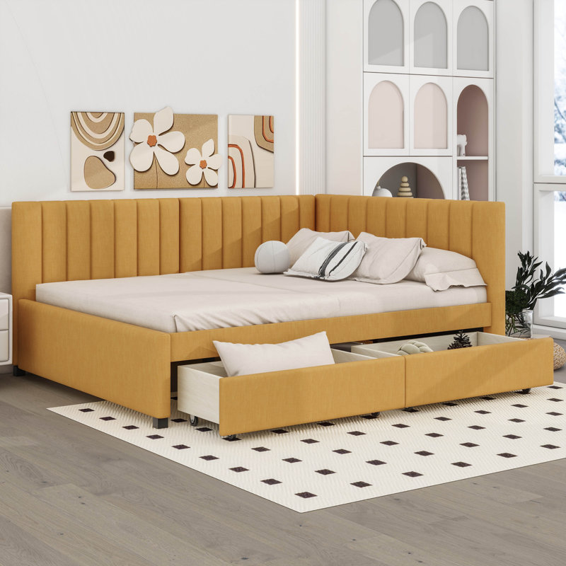 Full Size Upholstered Daybed With 2 Storage Drawers Sofa Bed Frame, Yellow