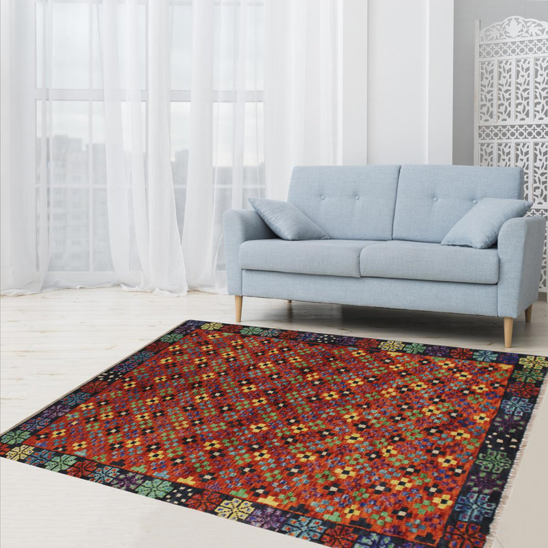 Tapis géométrique mauve / orange / vert en laine noué à la main à motif géométrique 3 pi 4 po x 4 pi 9 po Laudalino