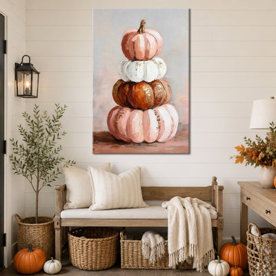 Fall Wall Art, Pumpkin Canvas Wall Art in Blush and Gold, Autumn Wall Art for Living Room, Fall Pictures Wall Decor, Gallery-Wrapped Canvas for Entryway, Farmhouse Dining Spaces, 24×32 in