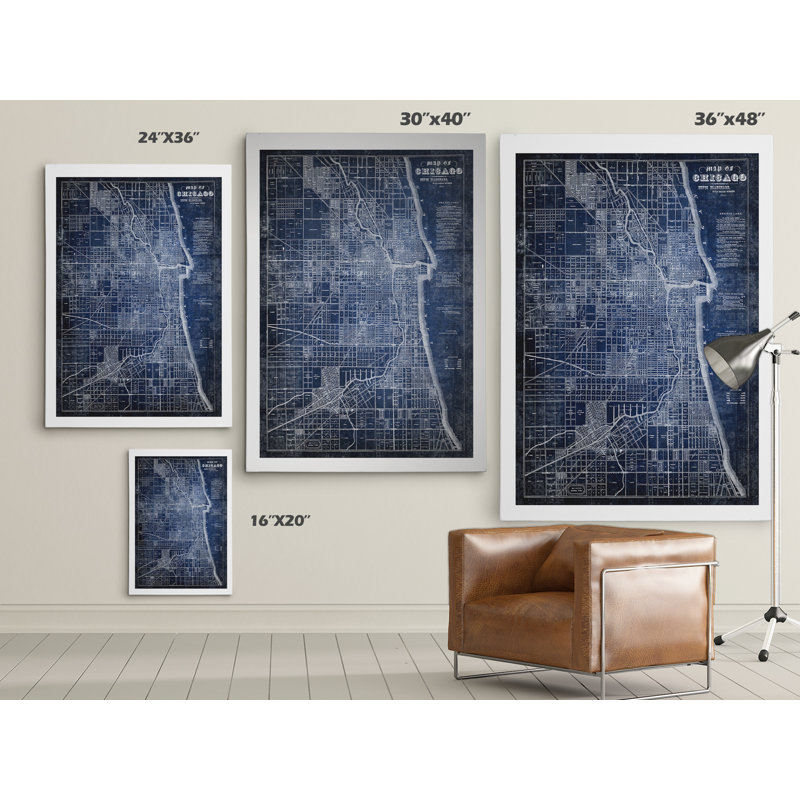 « chicago map blue », reproduction d’impression sur toile tendue, H 36 po x l 48 po x P 1,5 po