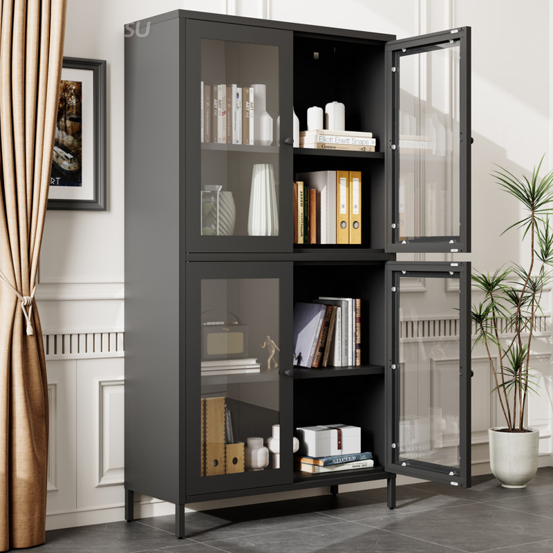Armoire de rangement classique en métal avec 4 portes en verre et 4 tablettes, durable et polyvalente pour la maison et le bureau
