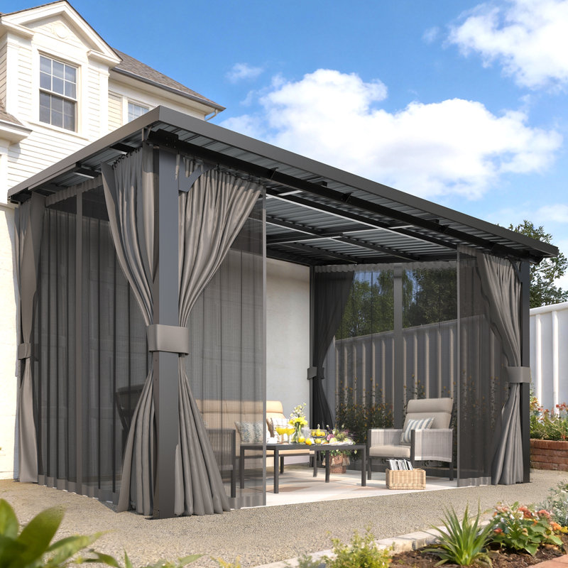 Pergola d'extérieur robuste à toit rigide avec rideaux et filet, H 98,4 po x l 144 po x P 120 po