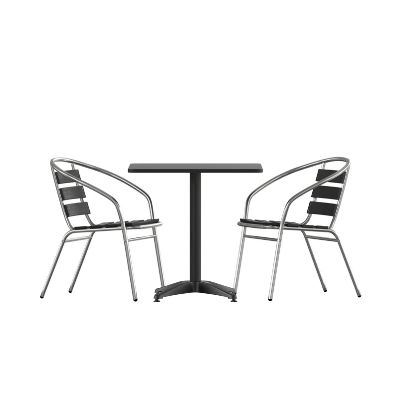 Gearard Square Aluminum Indoor-Outdoor Table Set with 2 Slat Back Chairs, Black, 27.25" H x 27.5" W x 27.5" D