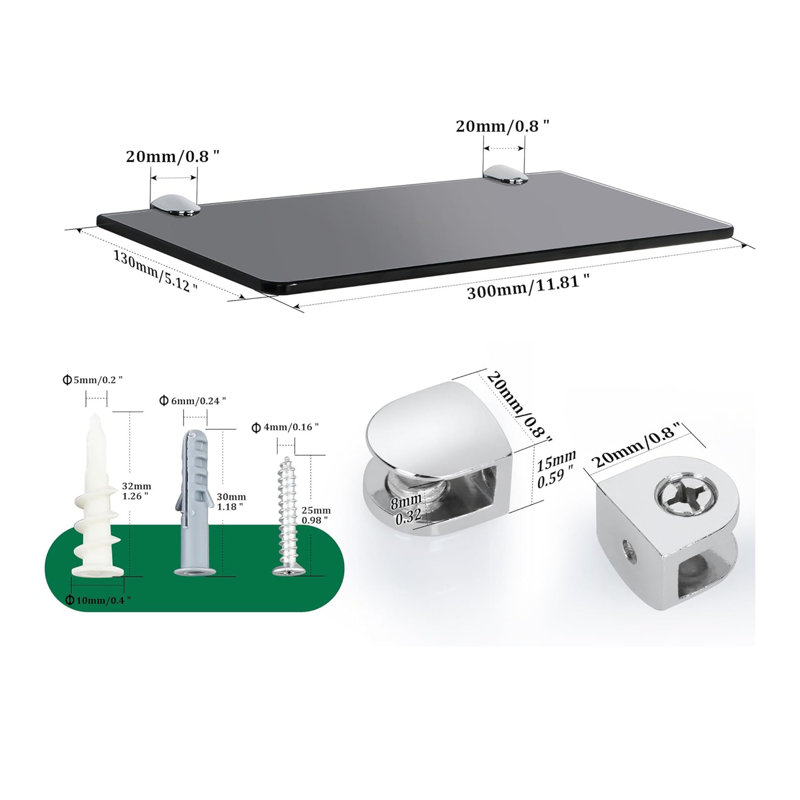 Bathroom Glass Shelf Wall Mounted Shelves, 6MM Tempered Transparent Glass with Shelf, Black