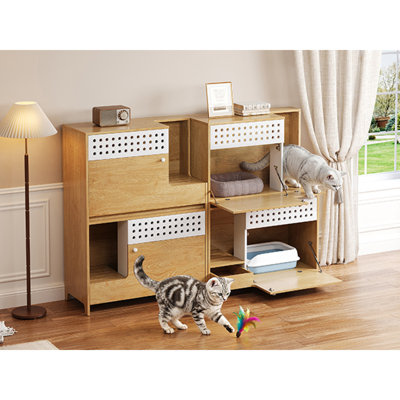  2-Piece Modern 2 in 1 Cat Furniture Set, Cat Litter Box Enclosure Side Table with Storage Cat House, Natural