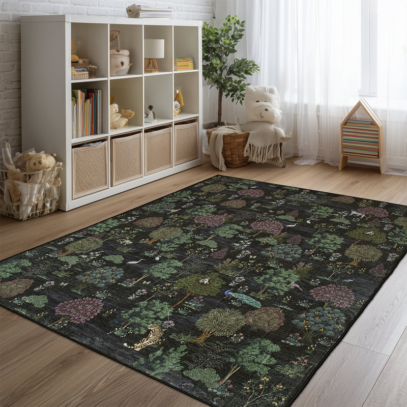 Tapis vert foncé botanique Maximalist, Rectangle 5 pi x 7 pi