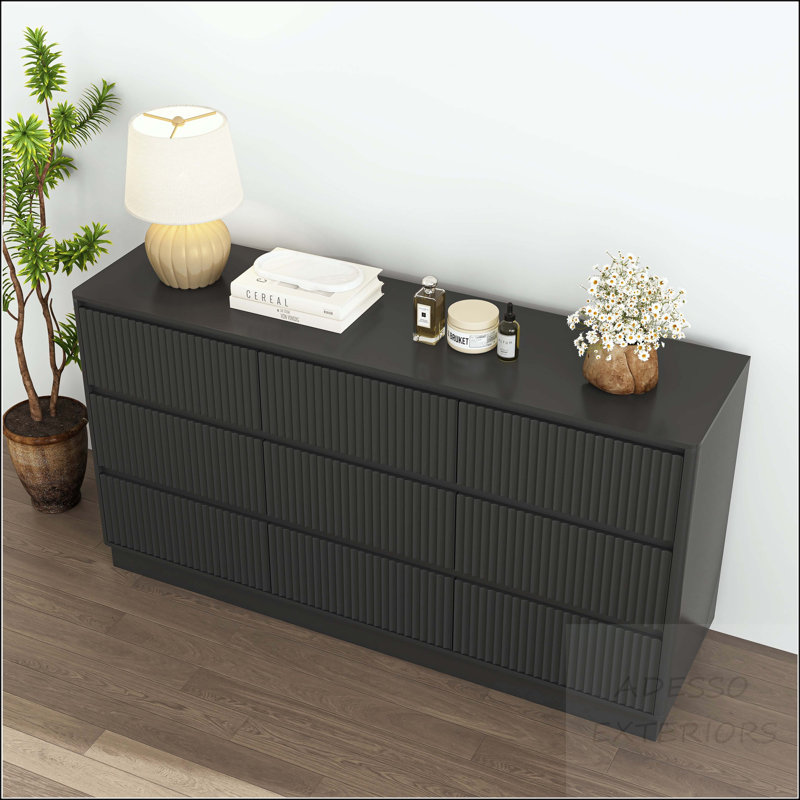 9-Drawer Wave Design Dresser - Mid-Century, Black
