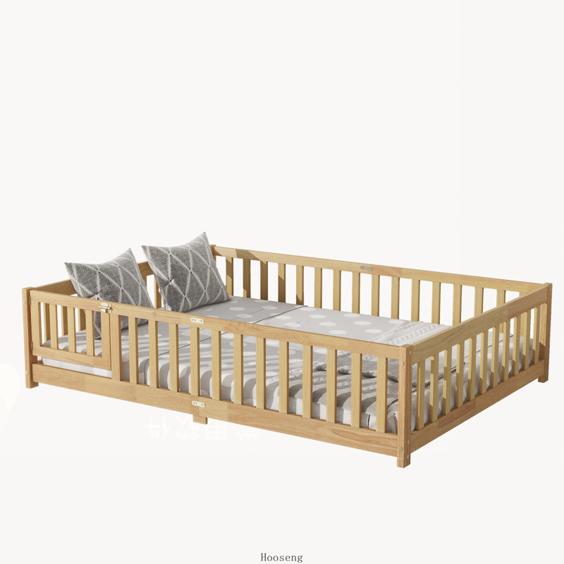 Lit double en bois d'hévéa avec clôture, porte et garde-corps de sécurité, naturel, Double