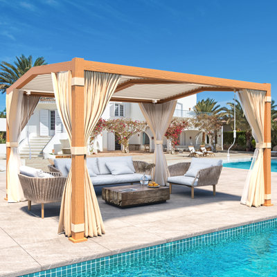 Pergola en aluminium l 13 pi. X P 11 pi. Finition jaune, toit à persiennes avec drainage intégré, rideaux amovibles et moustiquaire