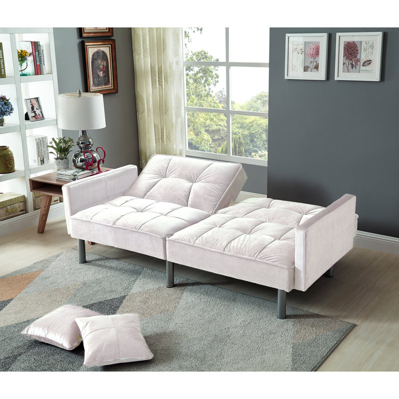 Hemphill 75.5'' Velvet Square Arm Sofa Bed, Beige Velvet