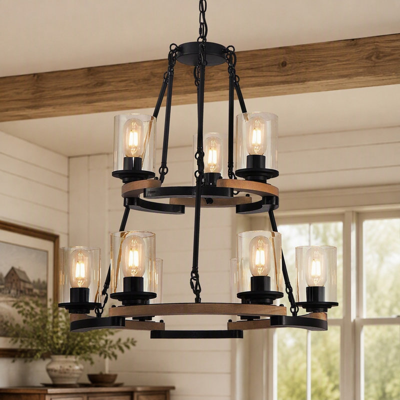 Luminaire de style rustique en bois de style roue de chariot à 9 lumières 2 niveaux 26 pouces noir pour maison d'entrée dans le salon