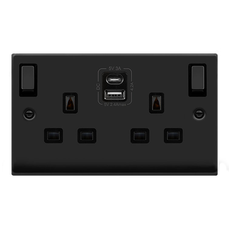 Matt Black 2 Gang 13A DP Ingot Type A & C USB Twin Double Switched Plug Socket