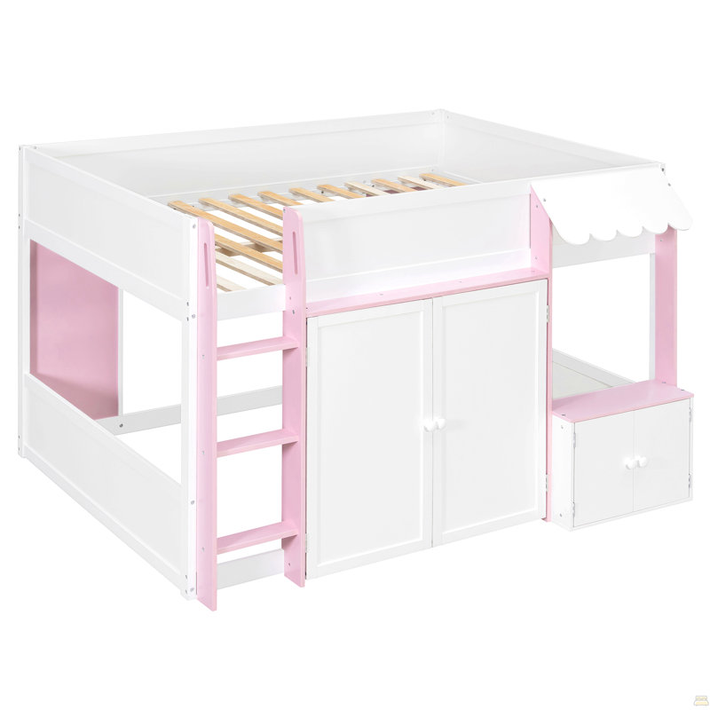 Lit mezzanine double avec maisonnette et rangement, Blanc / rose