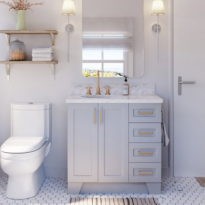 Freitas 37'' Solid Wood Single Bathroom Vanity in Grey with 1.5'' Carrara Marble Top, Left Offset, Oval Sink
