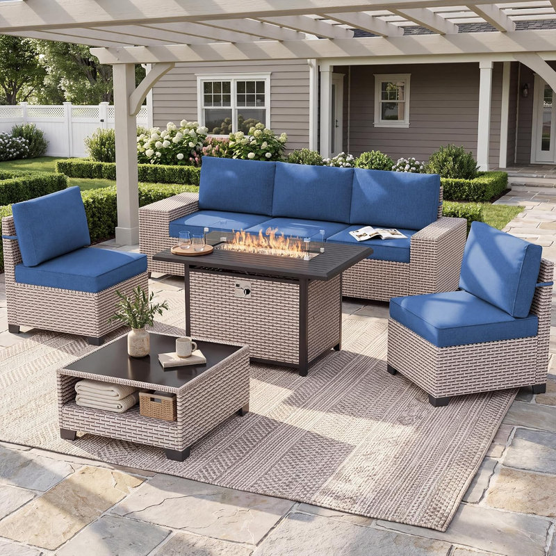 Ensemble de conversation pour l'extérieur avec rangement, ensembles de mobilier de patio en osier 7 pièces, ensemble de conversation modulaire pour 5 personnes avec coussins, mobilier d'extérieur et de patio, noir