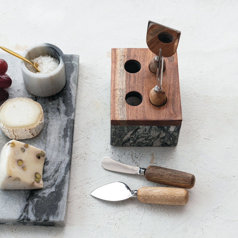 Marble Cheese Server Set With Mango Wood Stand, Black, Set Of 4