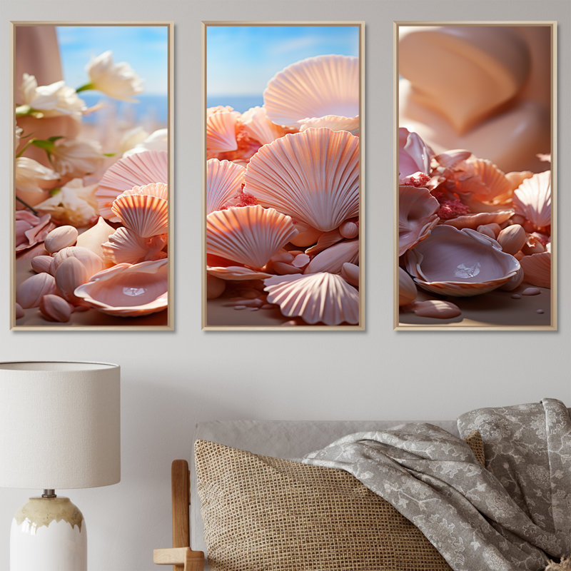 Romantisme, coquillages - ensemble d'art mural coquillage, H 40 po x l 60 po x P 1 po, Cadre naturel flottant