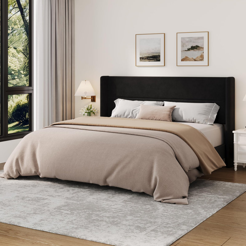 Structure de lit plateforme tapissier avec tête de lit moderne à oreilles, structure en métal robuste et support en lattes de bois, dégagement sous le lit de 5 pouces, aucun sommier requis, assemblage facile
