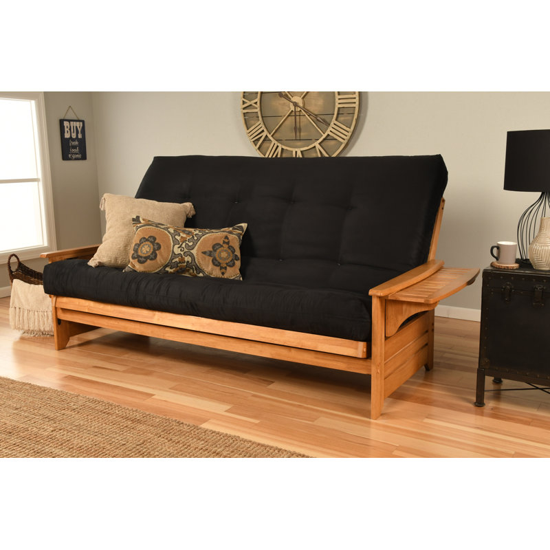 Stratford 86" Wide Queen Futon and 6000 Mattress, Black  Microsuede, Butternut