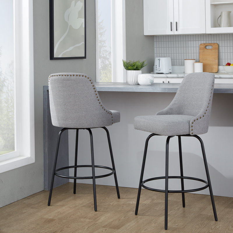 Studded Marcel 27" Fixed-Height Counter Stool With Metal Legs & Round Footrest - Set Of  2, Light Gray