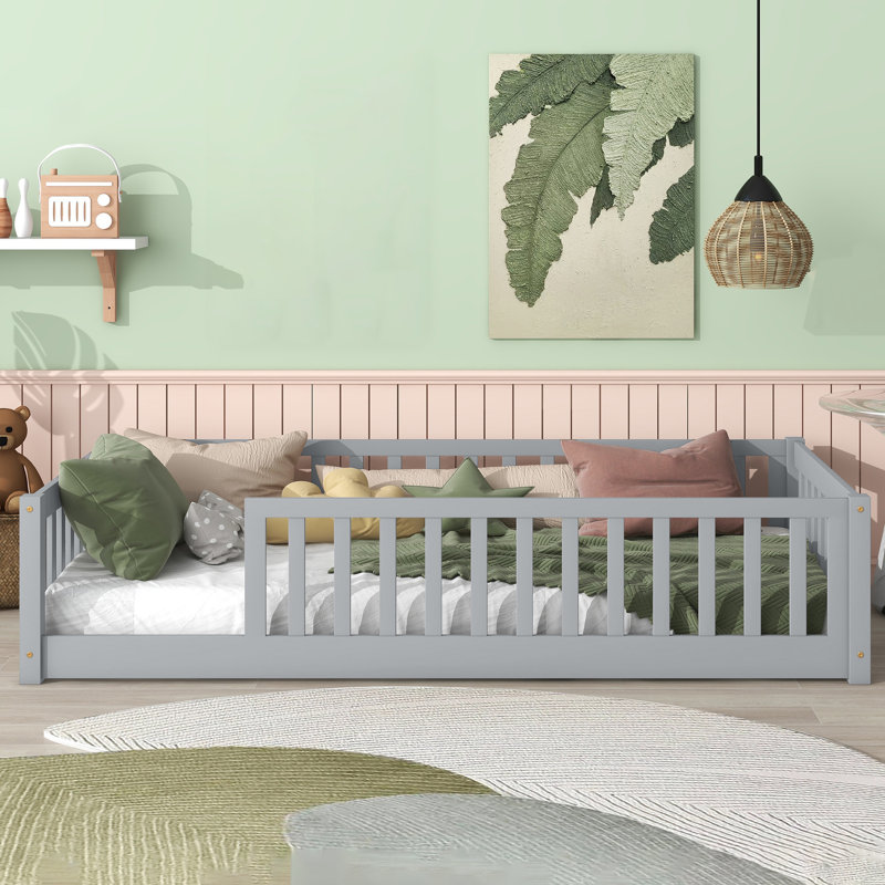 Twin Solid Wood Floor Bed With Fence Guardrails, Gray