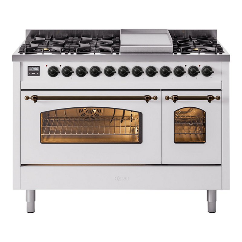 ILVE Nostalgie II Series 48 inch Dual Fuel Range with 8 Sealed Burners, Griddle (Glass Door), White/Bronze, Natural Gas