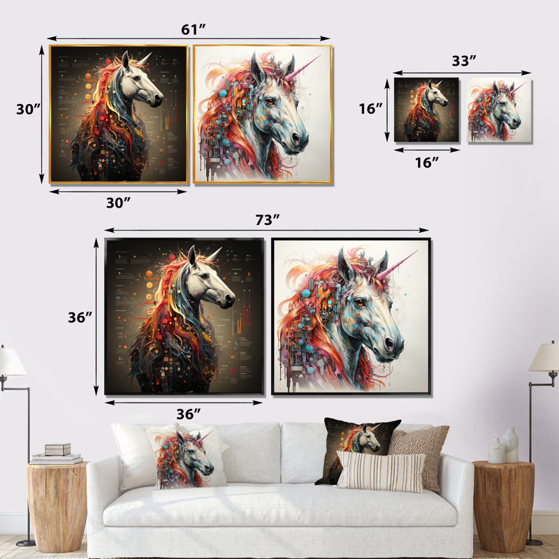 «Colorful Mythical Unicorns I», ensemble de 2 reproductions d'art mural licornes, Cadre flottant noir
