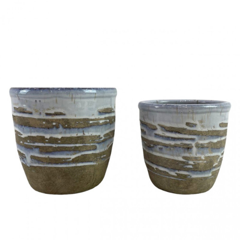 Rustic Brown and Blue Ceramic Striped Planter