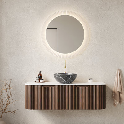 Meuble-lavabo de salle de bain 122 cm avec lavabo, mural, 2 tiroirs, noyer foncé, armoire à rayures 3D sur trois côtés, lavabo en céramique, installation facile, lavabo mural et lavabo noir à motif pierre, contreplaqué, rayures