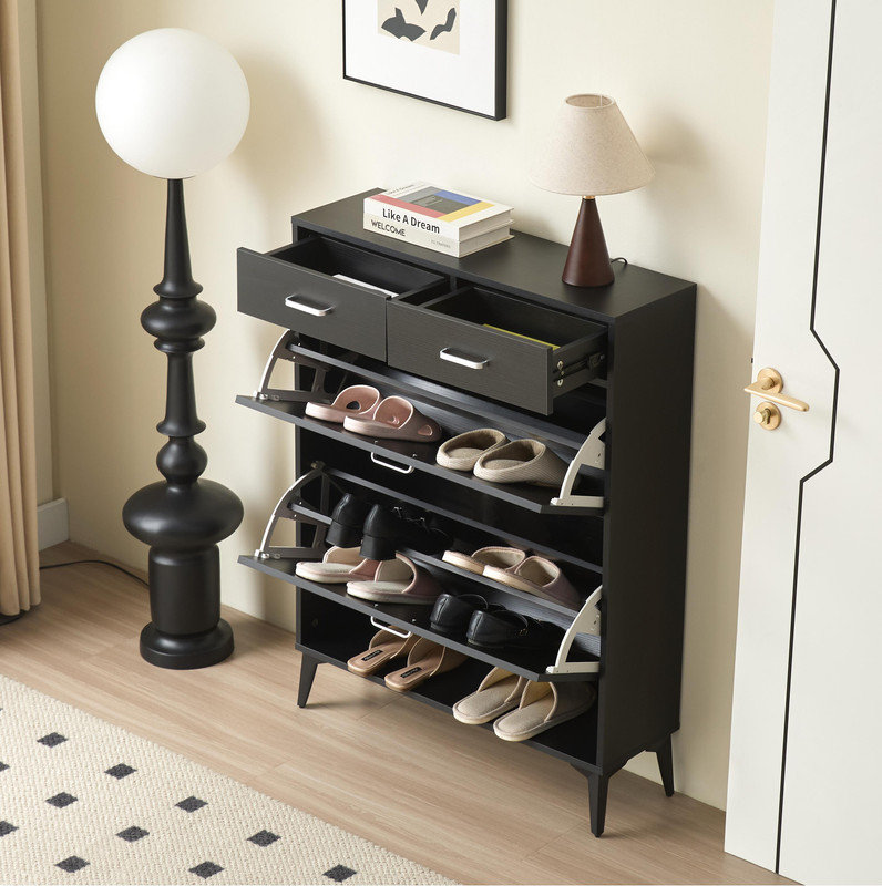 Large Size Shoe Cabinet, Free Standing Tipping Bucket Shoe Rack Organizer with 2 Flip Drawers & 2 Drawers, Modern Tipping Bucket for Entryway, Hallway, and Living Room Storage